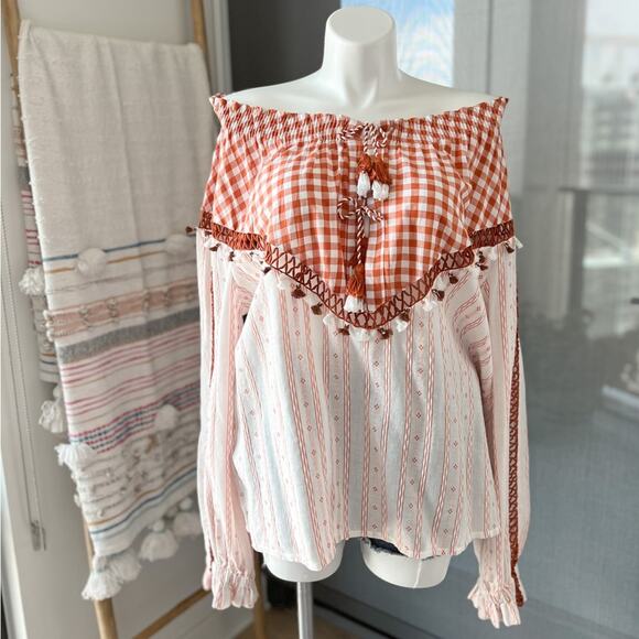 Dodo Bar Or White Brown Long Sleeves Off-The-Shoulder Oversized Top Women’s M - Picture 1 of 9